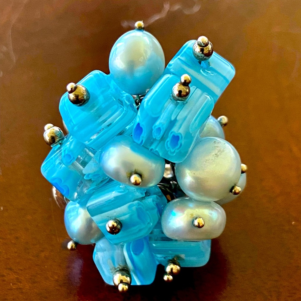Blue Cluster Statement Ring - Gold Accent